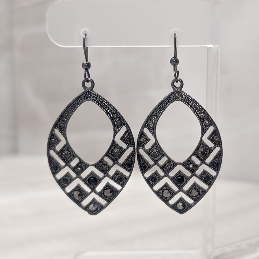 Vintage Hook Dangle Drop Earrings Large Dark Metal Stylish & Regal Statement